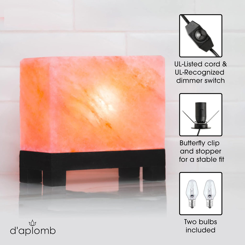 100% Authentic Natural Himalayan Salt Lamp;Hand-Carved Modern Rectangle Rare Pink Crystal Rock Salt from the Himalayan Mountain; Footed Wood Base, Dimmer Cord; 11.5 Lbs