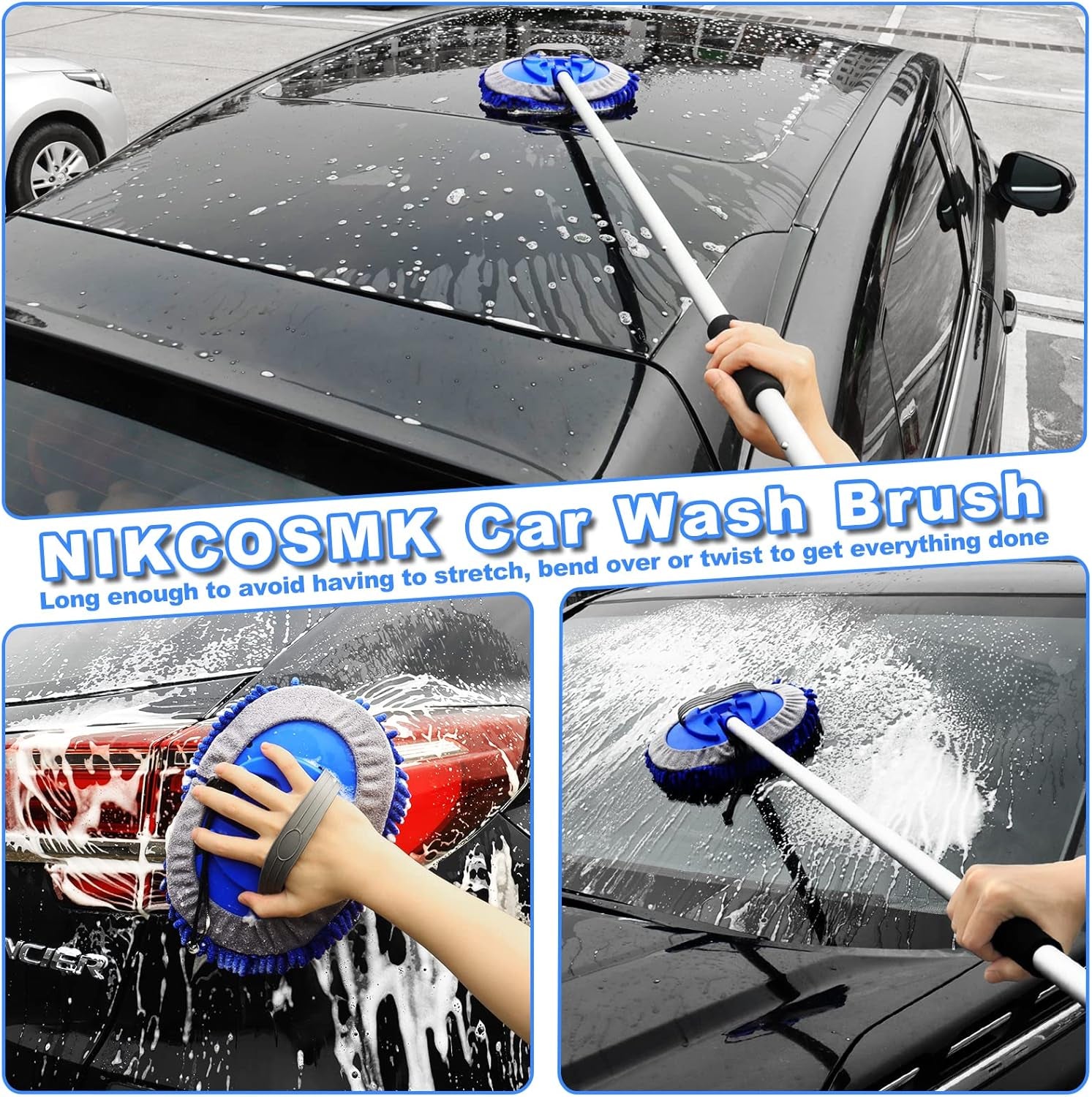 62'' Car Wash Brush Kit Mitt Mop Sponge with Long Handle, 1 Chenille Scratch-Free Replacement Head, Windshield Window Squeegee,Car Duster,Car Detailing Brushes,Tower,Car Cleaning Kit for Cars RV Truck