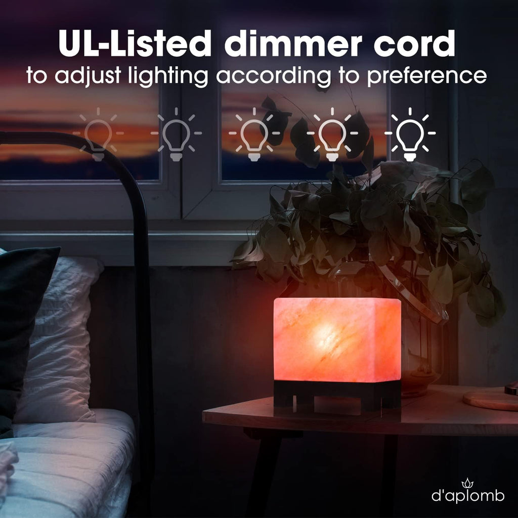 100% Authentic Natural Himalayan Salt Lamp;Hand-Carved Modern Rectangle Rare Pink Crystal Rock Salt from the Himalayan Mountain; Footed Wood Base, Dimmer Cord; 11.5 Lbs