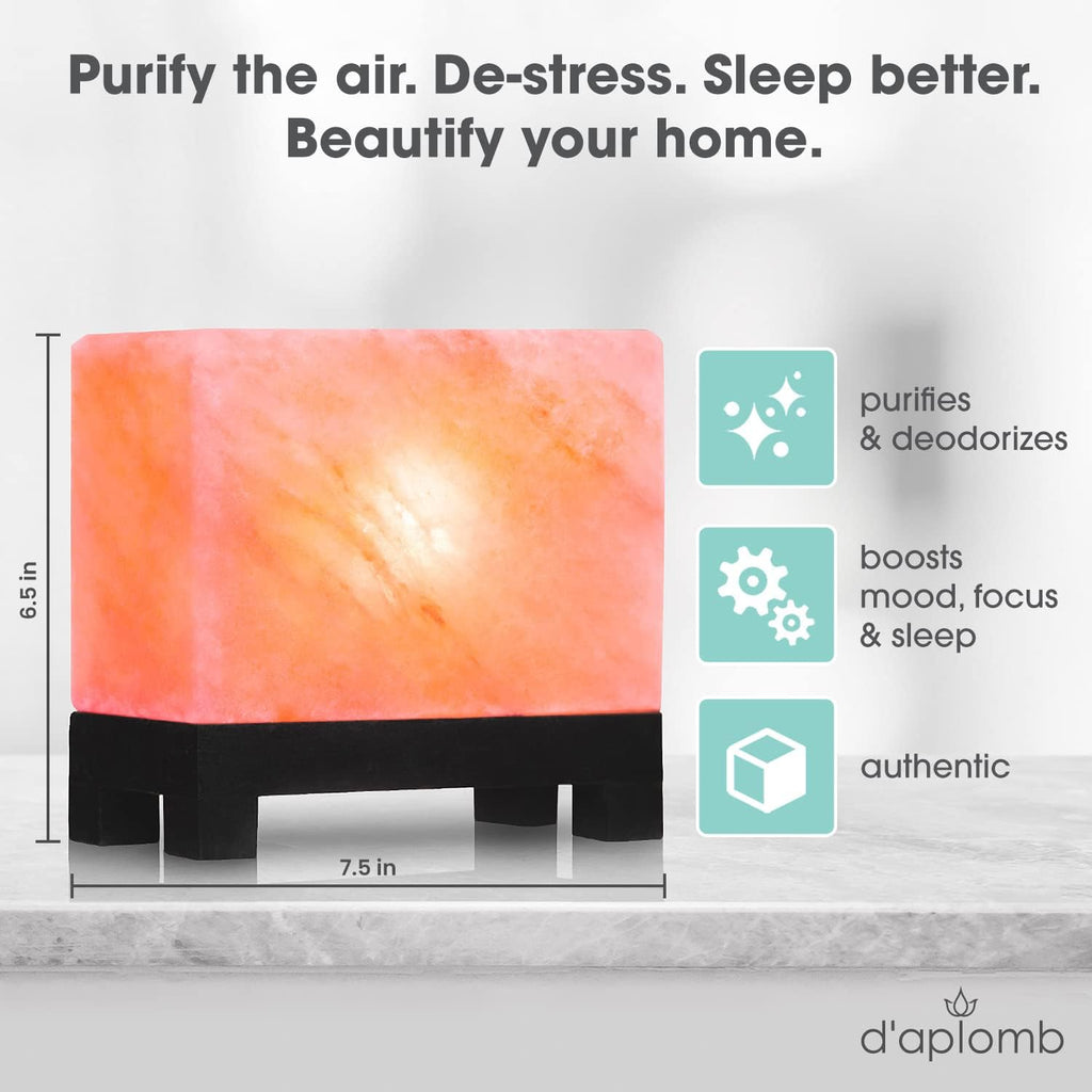 100% Authentic Natural Himalayan Salt Lamp;Hand-Carved Modern Rectangle Rare Pink Crystal Rock Salt from the Himalayan Mountain; Footed Wood Base, Dimmer Cord; 11.5 Lbs