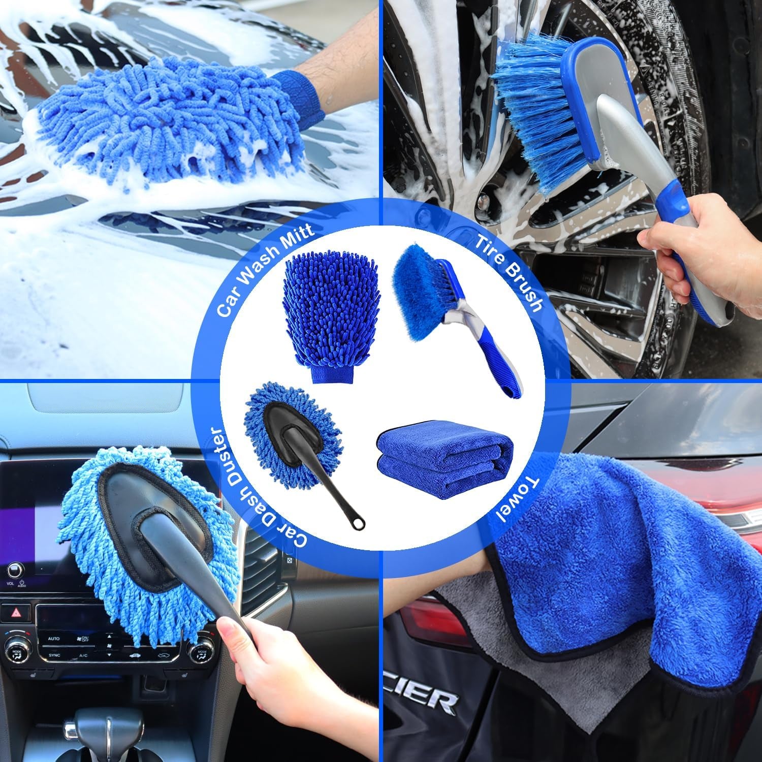 62'' Car Wash Brush Kit Mitt Mop Sponge with Long Handle, 1 Chenille Scratch-Free Replacement Head, Windshield Window Squeegee,Car Duster,Car Detailing Brushes,Tower,Car Cleaning Kit for Cars RV Truck