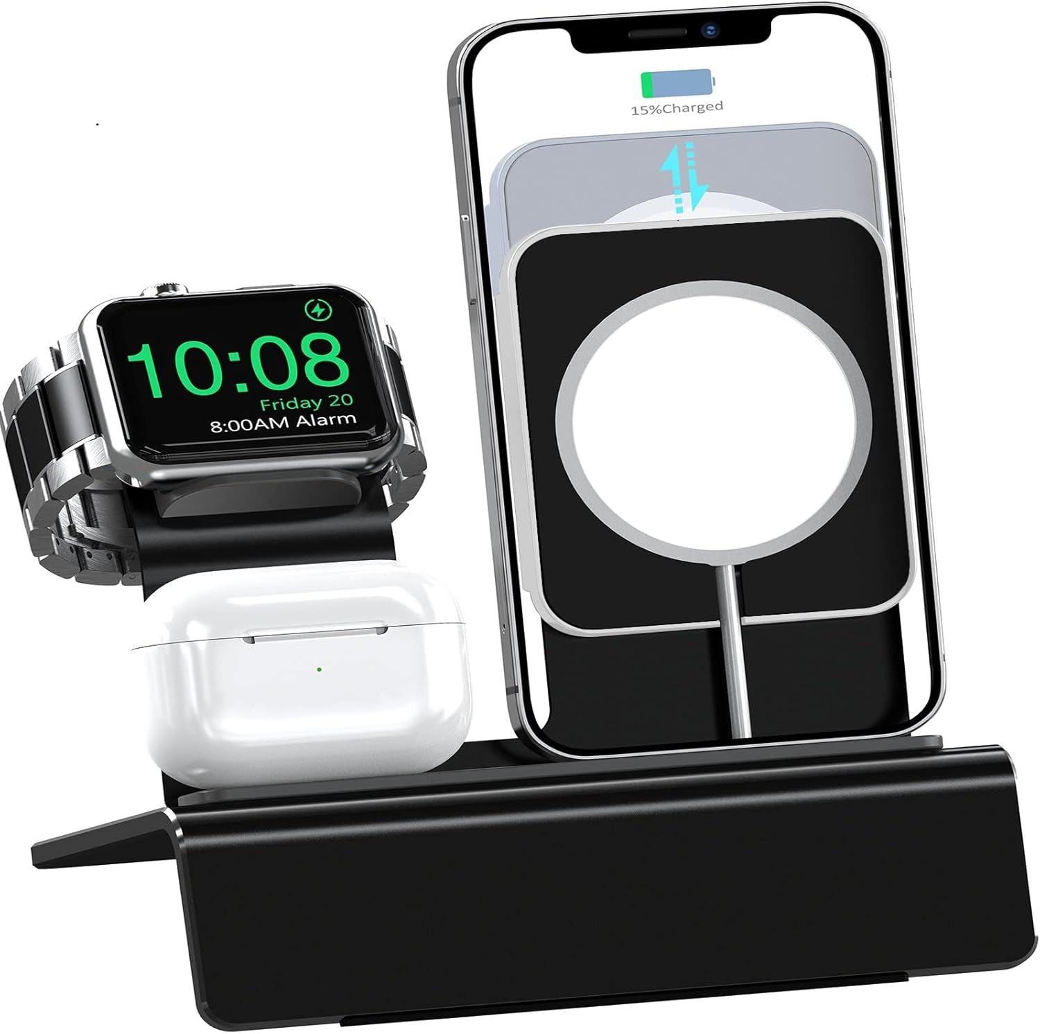 Aluminum Charging Stand for Apple Device 3 in 1 Charger Stand Holder Compatible with Magsafe Charger Iwatch Charger Airpods Pro/2/1 and Iphone Stand Holder(Charger & Cable Required)-Black