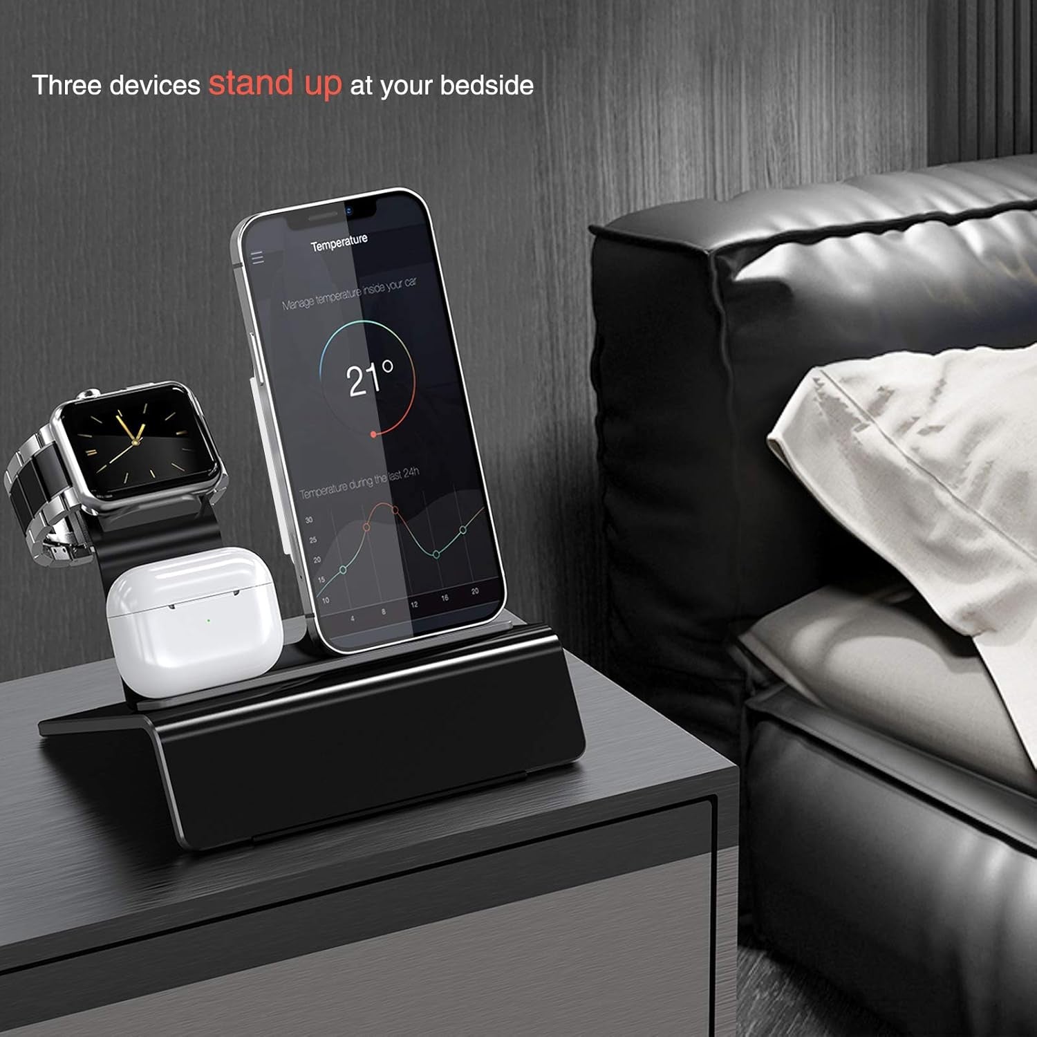 Aluminum Charging Stand for Apple Device 3 in 1 Charger Stand Holder Compatible with Magsafe Charger Iwatch Charger Airpods Pro/2/1 and Iphone Stand Holder(Charger & Cable Required)-Black