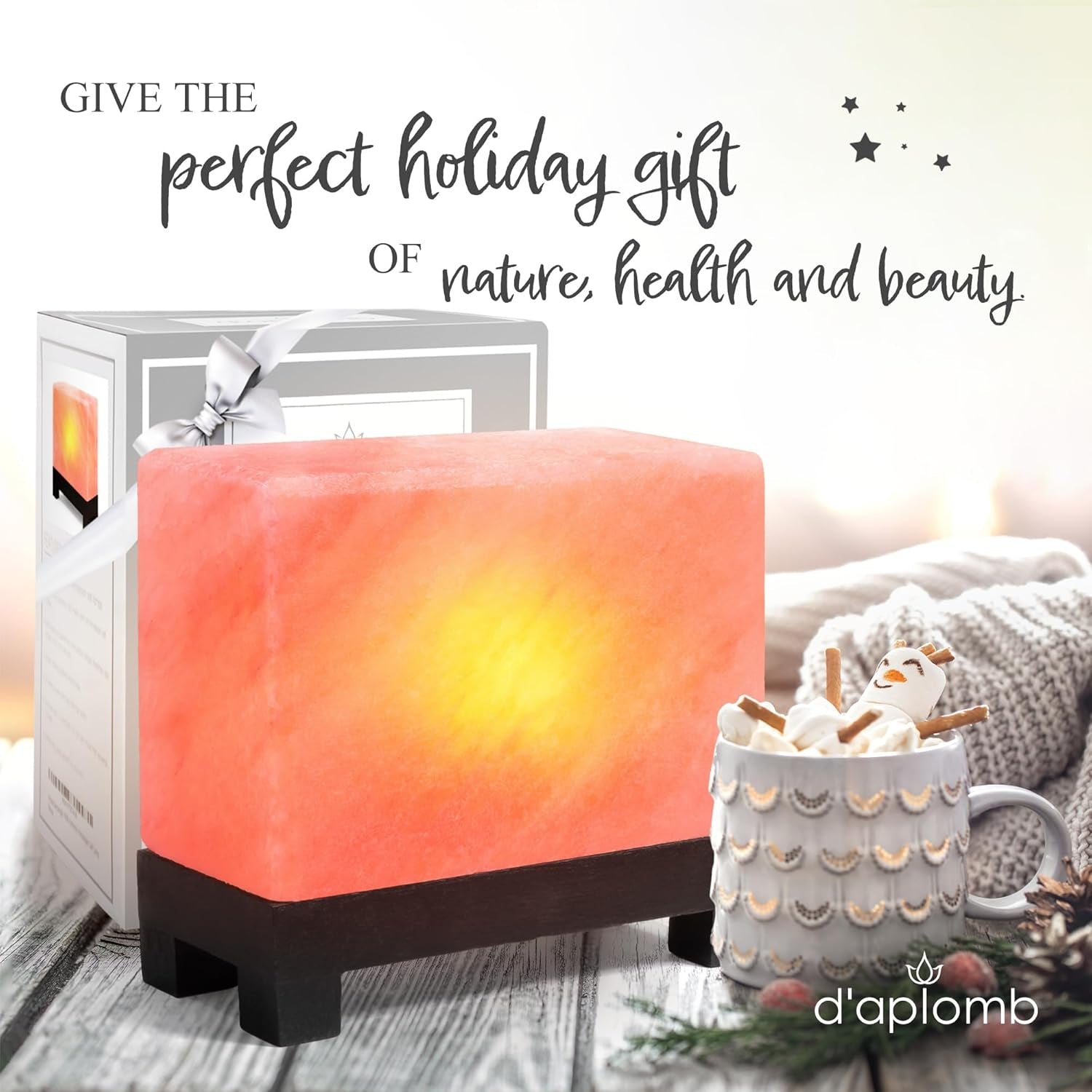 100% Authentic Natural Himalayan Salt Lamp;Hand-Carved Modern Rectangle Rare Pink Crystal Rock Salt from the Himalayan Mountain; Footed Wood Base, Dimmer Cord; 11.5 Lbs