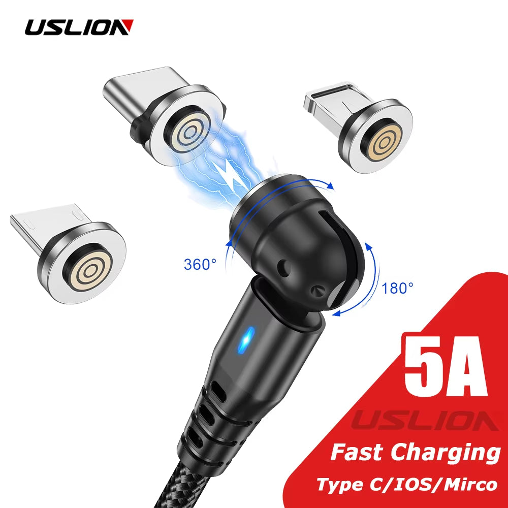 540 Rotate 5A Magnetic Cable Fast Charging Type C Mirco USB Phone Data Cord for Iphone 15 14 Pro Max Xiaomi 13 POCO Redmi